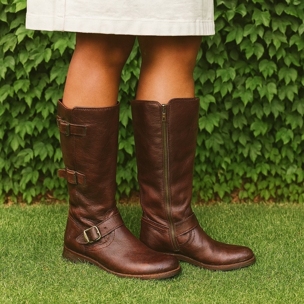 FRYE Brown Jaden Cuff Classic Heritage Buckle Leather Moto Boots, 6.5B - Picture 2 of 14